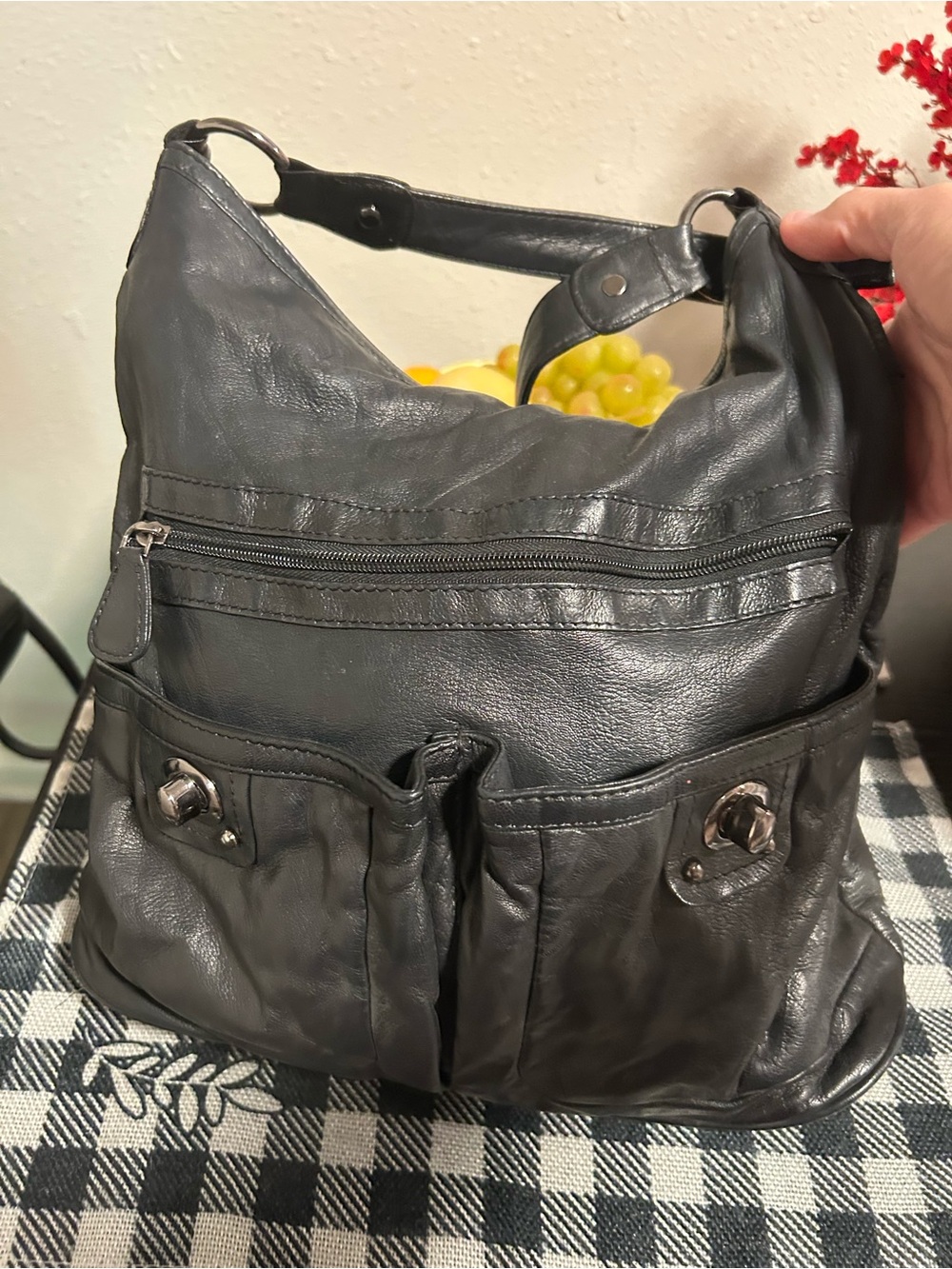 Black Leather Hobo Shoulder Bag with Front Turlock Pockets